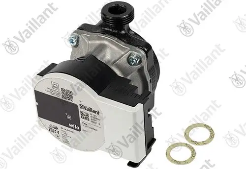 Vaillant Pumpe mit einem schwarzen und silbernen Gehäuse, einem Anschluss oben, zwei Dichtungen im Vordergrund und Sicht auf die technische Beschriftung.